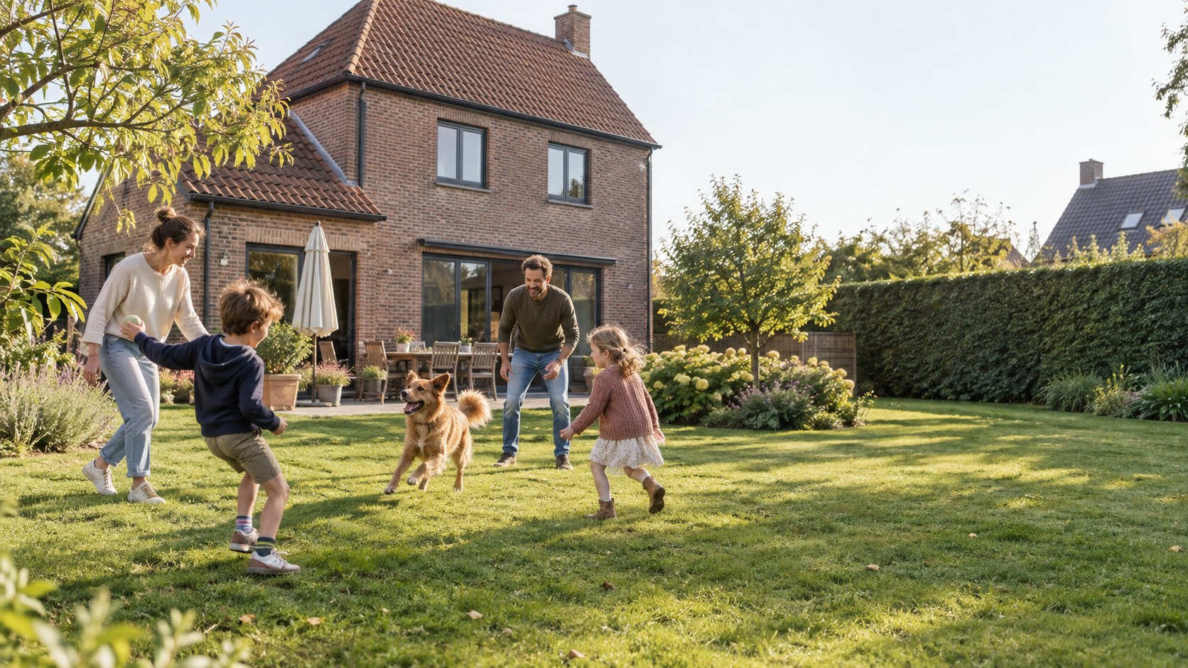 AI-sfeerbeeld van ouders en kinderen die met hun hond spelen in de tuin van een vrijstaande woning