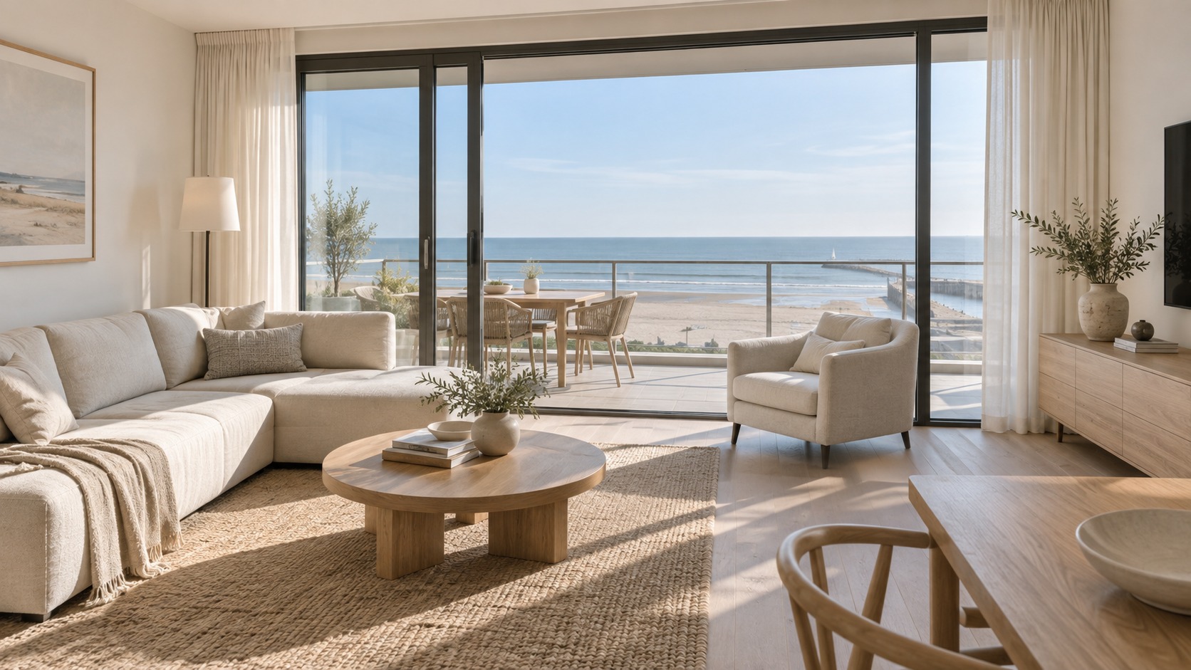 Illustratief sfeerbeeld van een licht kustappartement met terras
