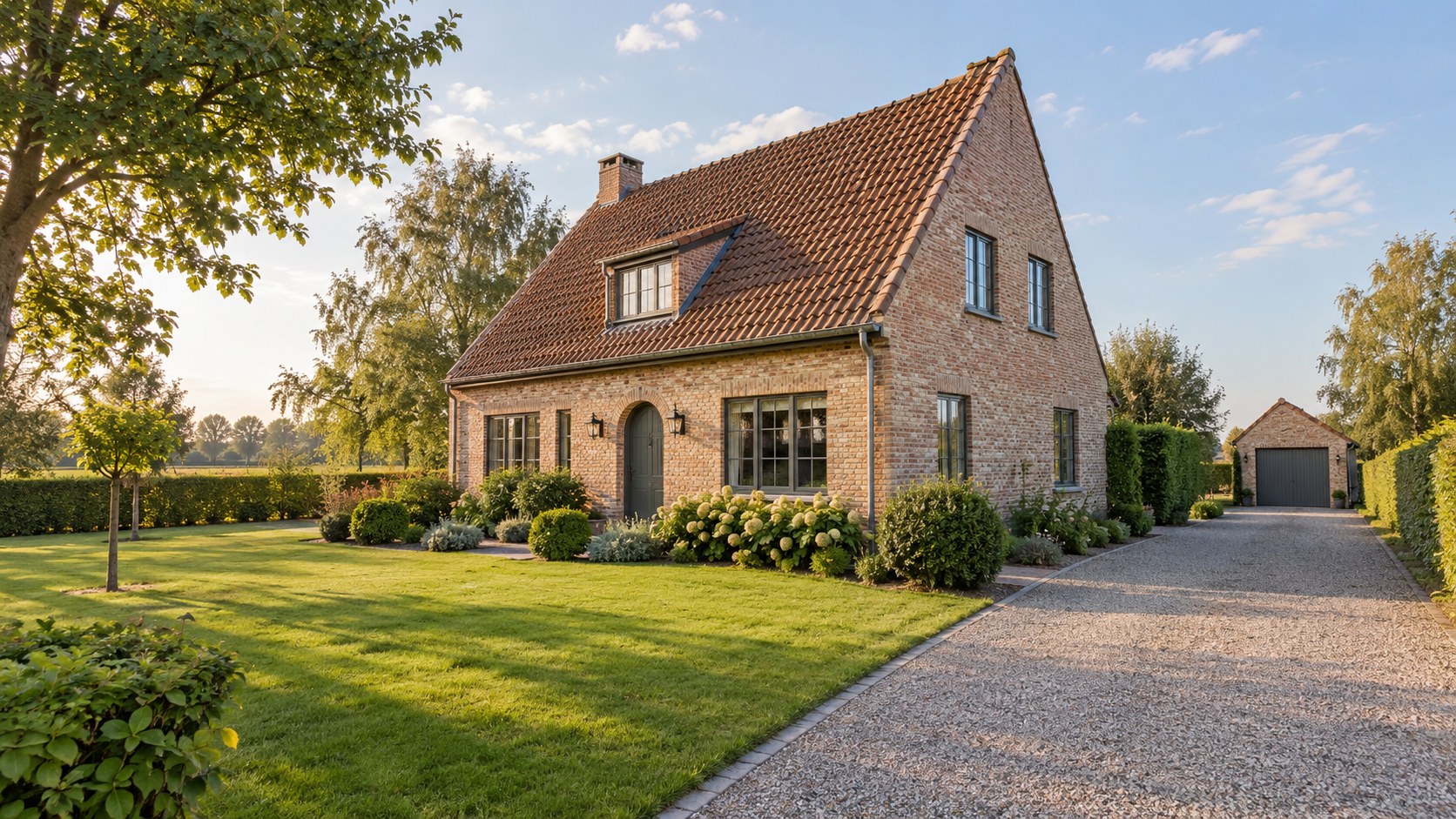 AI-sfeerbeeld van een vrijstaande Vlaamse woning met tuin in het Brugse Ommeland